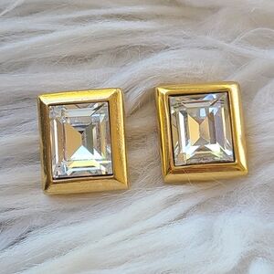 SAL By Swarovski Gold-Tone Square Crystal Stud Earrings - Good Vintage Condition